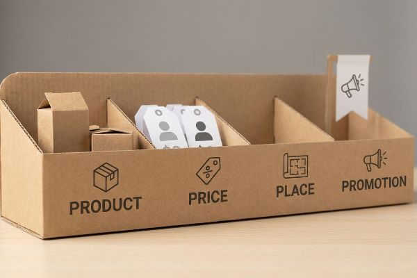 A corrugated cardboard display illustrates the 4 P's of visual merchandising: Product, Price, Place, and Promotion, featuring small boxes and price tags.