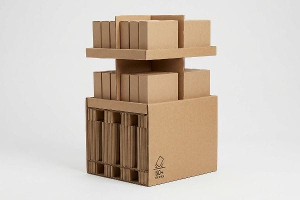 段ボール製仮設展示箱 茶色の段ボール製の仮設ディスプレイ。複数の段に箱が積み重ねられ、「50+ Touches」アイコンが付いており、小売店のマーチャンダイザーの強みをアピールしている。.