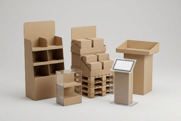 Présentoirs de point de vente : présentoir de sol en carton ondulé, présentoir sur palette, présentoir de comptoir en acrylique et borne interactive.