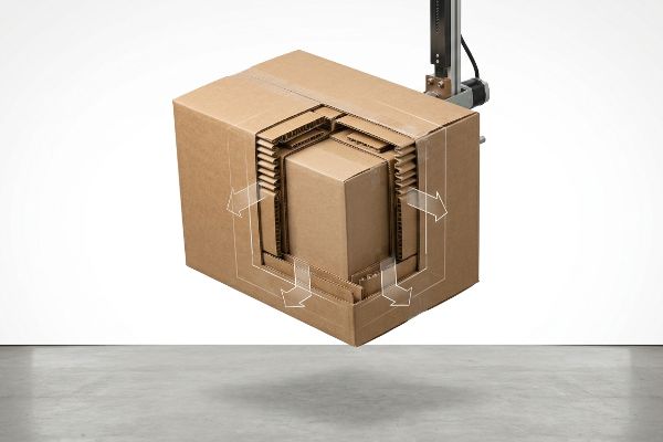 Brown corrugated master carton cutaway revealing internal packaging with air gaps and corner buffers for ISTA 3A shock absorption.