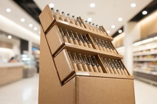 Angled shelves of a corrugated cardboard display stand showcase numerous small glass vials, optimized for high-visibility small beverage products in a retail setting.