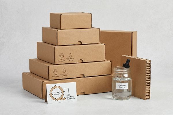 Corrugated boxes, 'Water-Based Coating' labels, 'Aqueous Coating' jar, 'Circular Economy' card, OCC repulping.