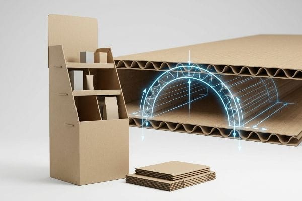Corrugated cardboard display stand with products, illustrating fluted arch geometry and kinetic force distribution diagram.