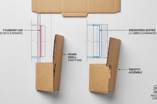 Corrugated cardboard box assembly diagram shows standard CAD (0.00 clearance) friction from Humid Swell versus Engineered Buffer (+1.5mm clearance) for Smooth Assembly.