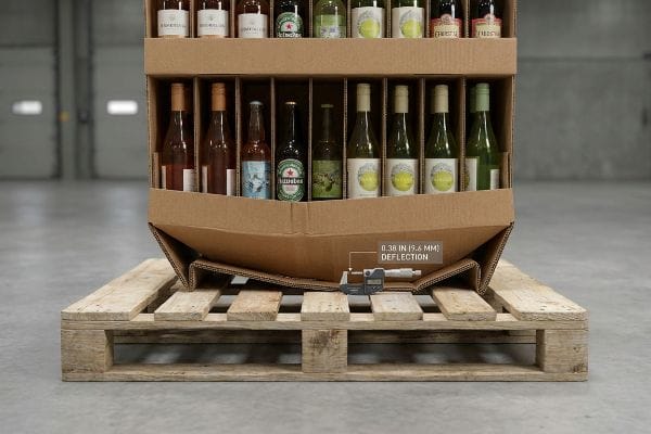 Corrugated beverage display base with 0.38 In (9.6 Mm) Deflection into a wooden pallet gap, measured by micrometer.