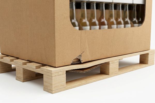 Corrugated cardboard display with bottled beverages sagging into wooden pallet gaps, showing base deformation and tearing.