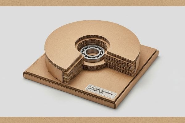 Подшипник для вращения картонной подставки Коричневая подставка из гофрированного картона с металлическим шарикоподшипником в центре, с надписью «Вращающаяся подставка для строительных конструкций».