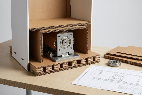 Multi-layered corrugated cardboard display prototype with an isolated metal bearing mechanism for rotational torque, alongside engineering blueprints.