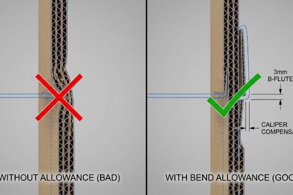 Corrugated B-flute cardboard cross-section illustrates correct 3mm bend allowance and caliper compensation for display assembly, preventing buckling.