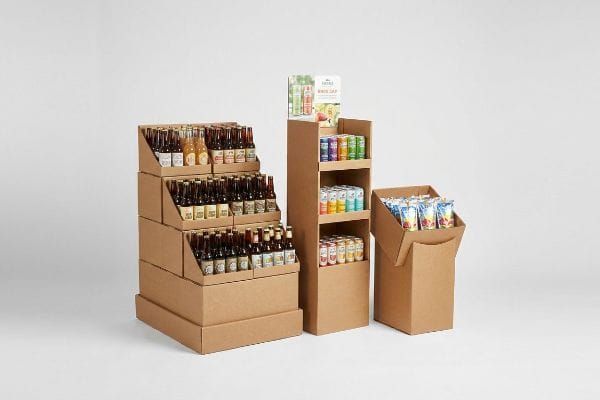 Corrugated beverage displays: tiered bottle, multi-shelf can with 'Drinks Good Day' header, and modular dump bin.