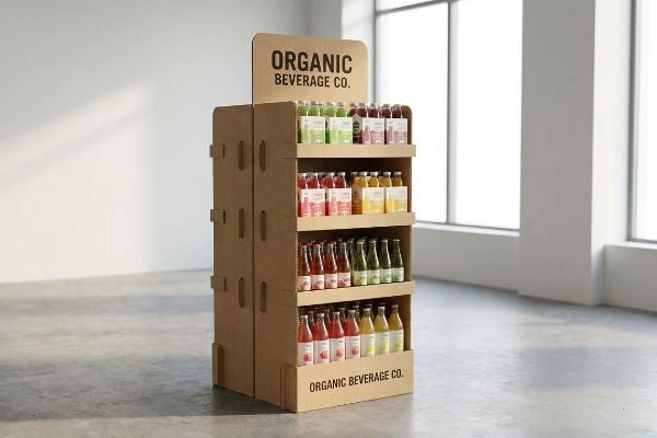 A freestanding corrugated cardboard point-of-purchase display for Organic Beverage Co. showcases four shelves of colorful bottled drinks.