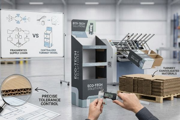 Corrugated cardboard magnified, illustrating precise tolerance control with a digital caliper measuring 6.03mm, contrasting fragmented supply chains with a centralized turnkey model for Eco-Tech Solutions POP displays.