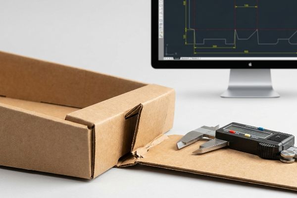 Brown corrugated PDQ packaging with a digital caliper measuring board thickness, next to a monitor showing a CAD dieline for bend allowance.