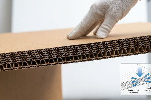 Brown corrugated board with visible micro-fluting and internal arches, illustrating Kinetic Shock Dispersion and Load Displacement in a diagram.