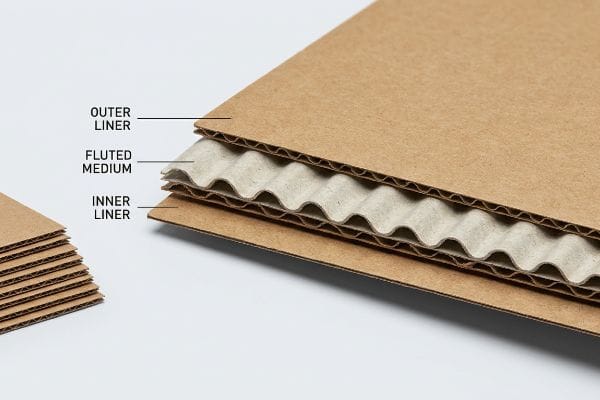 Brown corrugated board cross-section, clearly labeled with Outer Liner, Fluted Medium, and Inner Liner layers, demonstrating packaging structure.
