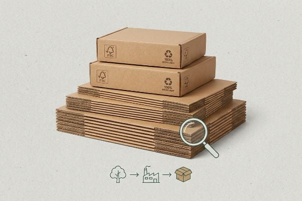 FSC certified 100% Recyclable corrugated board stacks and boxes, with a magnifying glass on the material layers.