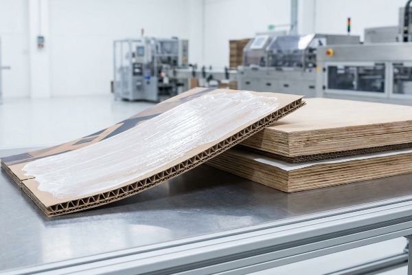 Corrugated cardboard with wet PVA adhesive spread on its surface, ready for litho-laminating in a factory.