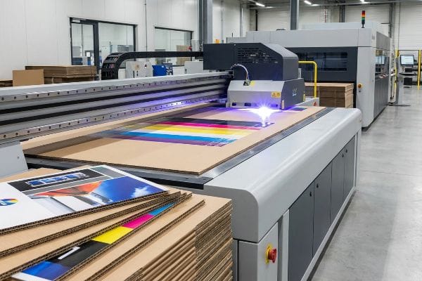 Digital Packaging Printing Corrugated cardboard sheets are digitally printed with vibrant CMYK colors by a UV flatbed printer, showcasing modern packaging production.