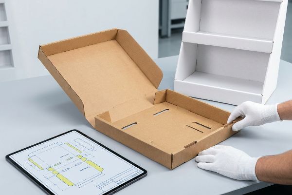 Zusammengebauter brauner Wellpappkarton mit präzisen Schlitzen und Laschen, digitaler Stanzlinie und weißem PDQ-Display.
