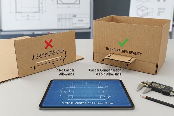 Corrugated cardboard box panels highlight 2D Flat Design without caliper allowance and 3D Engineered Reality with fold compensation. A tablet shows Flute Thickness.