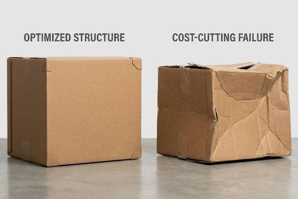 Pristine brown corrugated box, 'Optimized Structure', contrasts with a collapsed, crumpled box, 'Cost-Cutting Failure', showing packaging integrity.