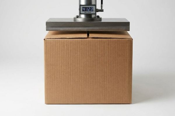 Caixa de papelão ondulado marrom sendo submetida a teste de compressão por uma prensa hidráulica, apresentando uma força de 412,3 libras.