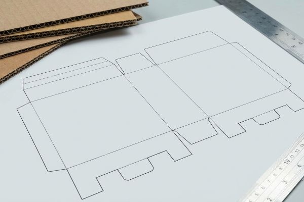Corrugated box dieline blueprint on paper, with stacked cardboard sheets and a ruler, for packaging design.