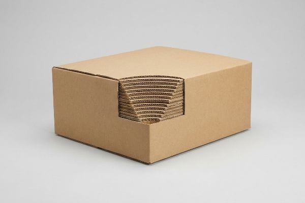 brown corrugated box showcasing internal fluted paperboard layers.