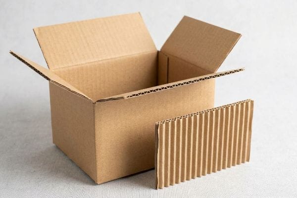 Open Corrugated Box Packaging An open brown corrugated cardboard box with visible fluted layers stands beside a separate piece of corrugated paperboard, highlighting packaging material.