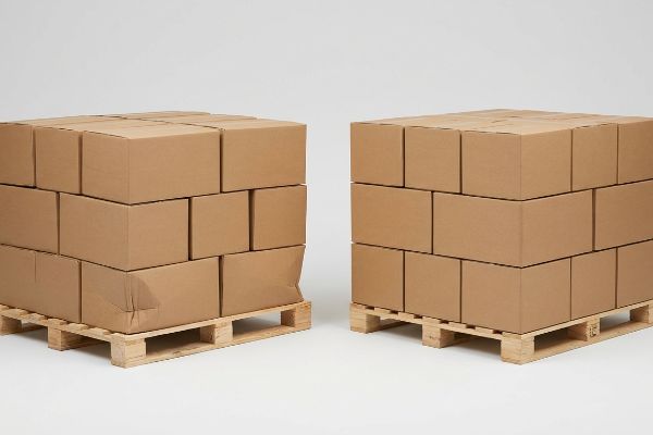 Brown corrugated boxes on wooden pallets, with the left stack showing bottom-tier buckling from overhang, contrasting with the stable right stack.
