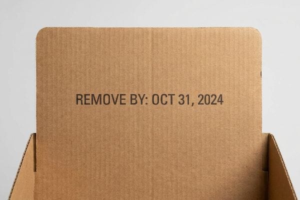 Brown corrugated cardboard box flap displaying a printed 'Remove By: Oct 31, 2024' kill date for display lifecycle management.