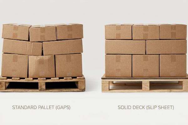 Brown corrugated boxes on two wooden pallets: a Standard Pallet (Gaps) shows boxes sagging into voids, while a Solid Deck (Slip Sheet) provides stable support.