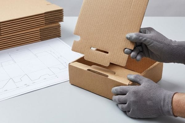 Brown corrugated cardboard box assembly by gloved hands, demonstrating precise fold radius and tab insertion for POP display packaging.