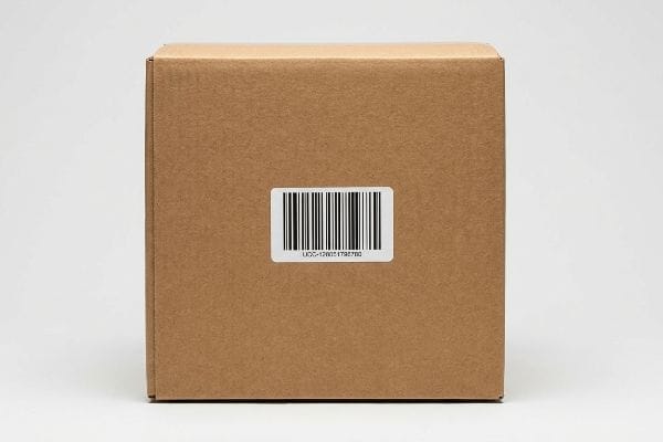 Brown corrugated cardboard box featuring a white UCC-128 barcode label with the code UCC-128051798780.