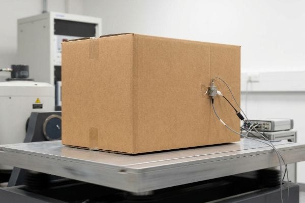 Brown corrugated box undergoing ISTA vibration testing with a sensor attached, simulating transit hazards.