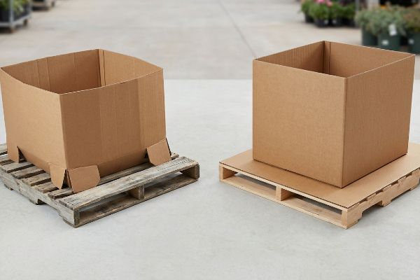 Deux boîtes en carton ondulé brun sur des palettes en bois, l'une avec un intercalaire, illustrant différents supports de présentation pour la vente en extérieur.