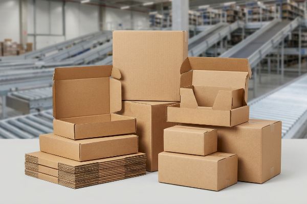 Brown corrugated packaging boxes, open and flat, on a white surface with a blurred warehouse and conveyor belts, illustrating retail logistics.