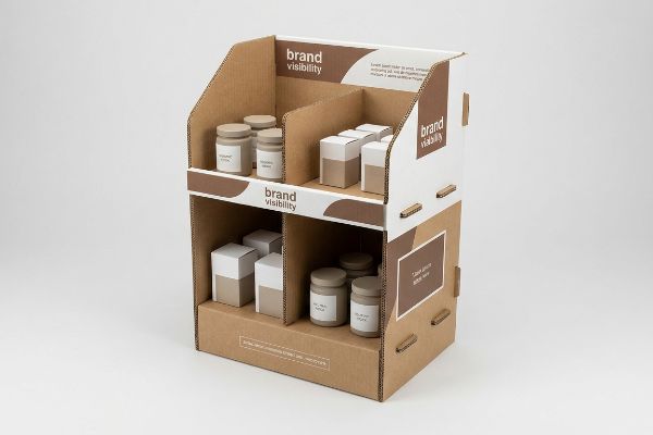 This retail display features a two-tiered corrugated cardboard stand with 'Brand Visibility' branding, holding jars and two-tone boxes.
