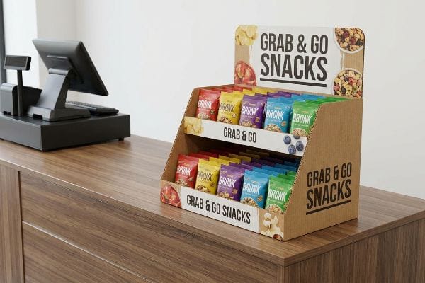 A retail countertop features a corrugated cardboard PDQ display filled with colorful Bronk 'Grab & Go Snacks' pouches, positioned next to a black POS system.