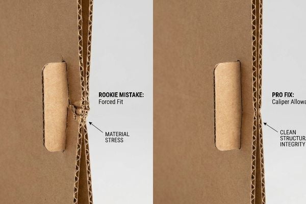 Corrugated cardboard comparison: Rookie Mistake Forced Fit with Material Stress vs. Pro Fix Caliper Allowance ensuring Clean Structural Integrity.