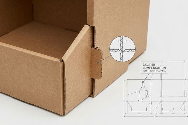茶色の段ボール箱。キャリパー補正機能と1.5mmのマイクロ公差により、正確なインターロッキングタブを実現。.