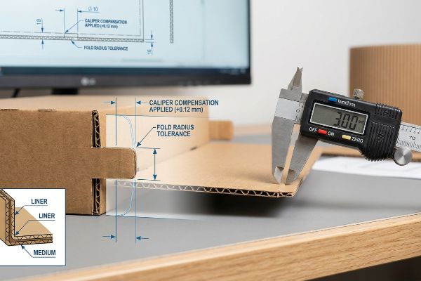 Corrugated cardboard thickness of 3.00 mm measured by a digital caliper, with a screen displaying Caliper Compensation Applied (+0.12 mm) and Fold Radius Tolerance, alongside a diagram of Liner and Medium layers.