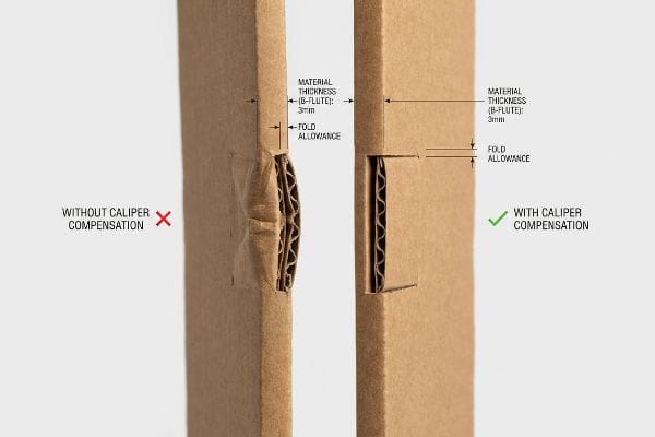 Corrugated B-flute cardboard, 3mm thick, illustrates fold allowance. Left: Without Caliper Compensation, crushed. Right: With Caliper Compensation, clean.