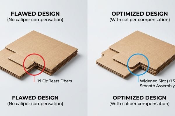 Corrugated cardboard comparison showing a Flawed Design with 1:1 fit tearing fibers, contrasted with an Optimized Design featuring a widened slot for smooth assembly due to caliper compensation.