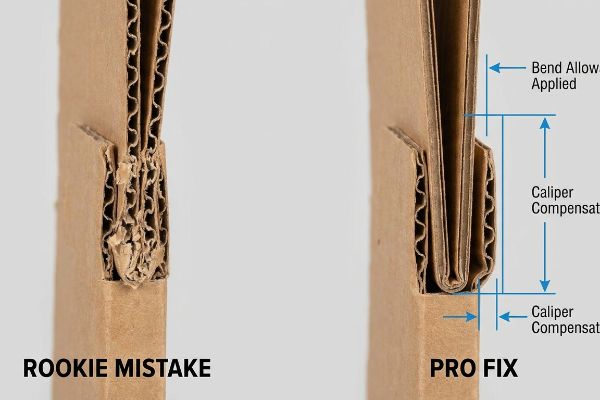 Corrugated cardboard comparison: 'Rookie Mistake' shows crushed flutes; 'Pro Fix' applies 'Bend Allow' and 'Caliper Compensat' for proper fit.
