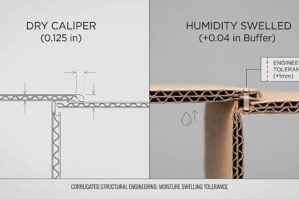 Corrugated structural engineering diagram illustrates Dry Caliper (0.125 in) versus Humidity Swelled (+0.04 in Buffer), showing Engineered Tolerance (+1mm).