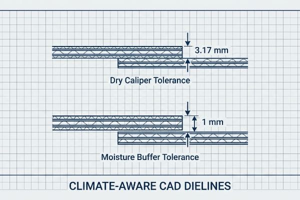 Blueprint diagram shows corrugated cardboard dry caliper tolerance at 3.17 mm and moisture buffer tolerance at 1 mm, illustrating Climate-Aware CAD Dielines.
