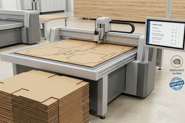 Corrugated cardboard sheet undergoing precision cutting on an automated machine, displaying a Quality Control screen and Sedex/Bsci Verified compliance.