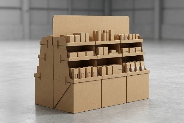 A corrugated cardboard point-of-purchase display with shelves of unbranded merchandise in a large retail environment.