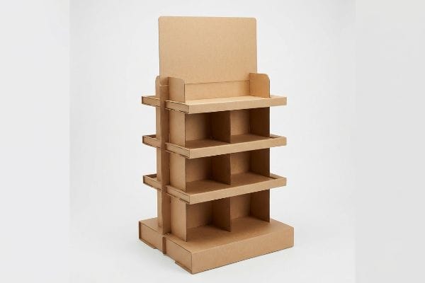 Empty brown corrugated cardboard retail display stand with multiple shelving units and a header.